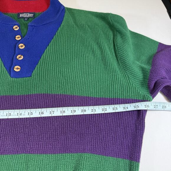 Lands End Vtg 90s Button Henley Cotton Sweater Color Block Made USA Mens L - Picture 7 of 9